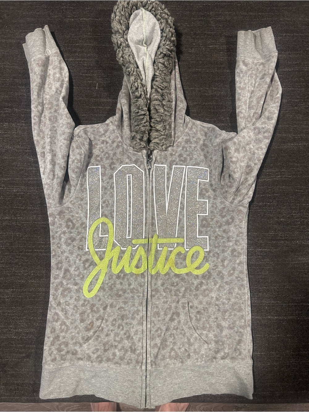 Justice Gray Cheetah Leopard Sherpa Lined Love Zip Up Hoodie 12